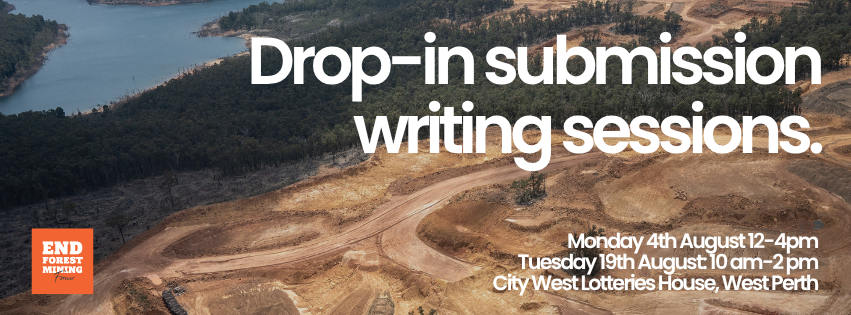 Drop in sessions (Facebook Cover) Town Hall Series: Alcoa's plan for WA's Jarrah Forests. Aerial photo of Alcoa's bauxite mining near river with the title and details of the event.