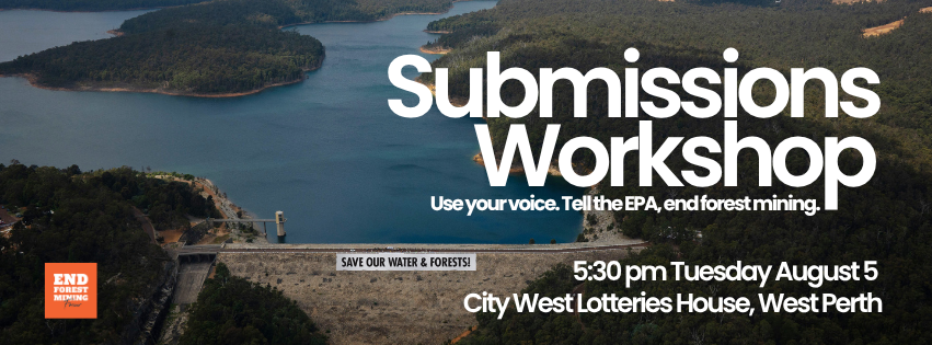 Submissions Workshop (Facebook Cover) Town Hall Series: Alcoa's plan for WA's Jarrah Forests. Aerial photo of Alcoa's bauxite mining near river with the title and details of the event.