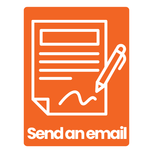 A cartoon piece of paper and pen with text that reads "Send an email"