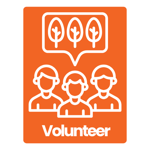 Three cartoon people speaking about trees with text that reads "Volunteer"