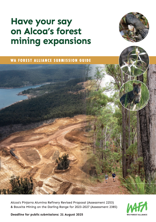 An image of a cleared bauxite mine site, overlayed with text reading "A thousand cuts", "Mining in the Northern Jarrah Forest". Along the bottom edge is a dark green strip with the WAFA logo, The Wilderness society logo, and the Conservation council WA logo, as well as NJF (standing for Northern Jarrah Forests)