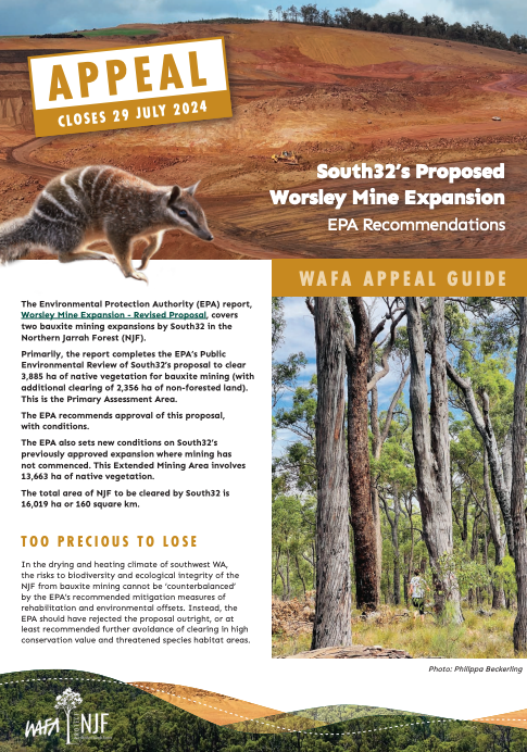 An image of a cleared bauxite mine site, overlayed with text reading "A thousand cuts", "Mining in the Northern Jarrah Forest". Along the bottom edge is a dark green strip with the WAFA logo, The Wilderness society logo, and the Conservation council WA logo, as well as NJF (standing for Northern Jarrah Forests)