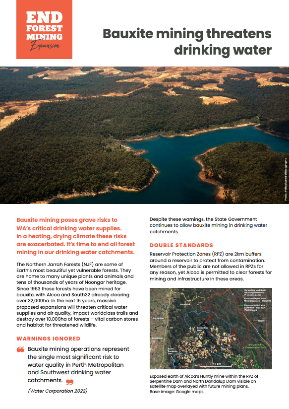 An image of a cleared bauxite mine site, overlayed with text reading "A thousand cuts", "Mining in the Northern Jarrah Forest". Along the bottom edge is a dark green strip with the WAFA logo, The Wilderness society logo, and the Conservation council WA logo, as well as NJF (standing for Northern Jarrah Forests)
