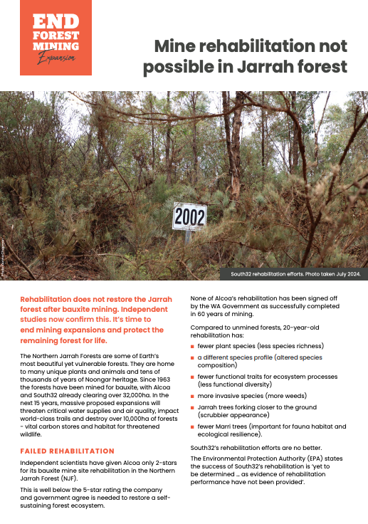 An image of a cleared bauxite mine site, overlayed with text reading "A thousand cuts", "Mining in the Northern Jarrah Forest". Along the bottom edge is a dark green strip with the WAFA logo, The Wilderness society logo, and the Conservation council WA logo, as well as NJF (standing for Northern Jarrah Forests)