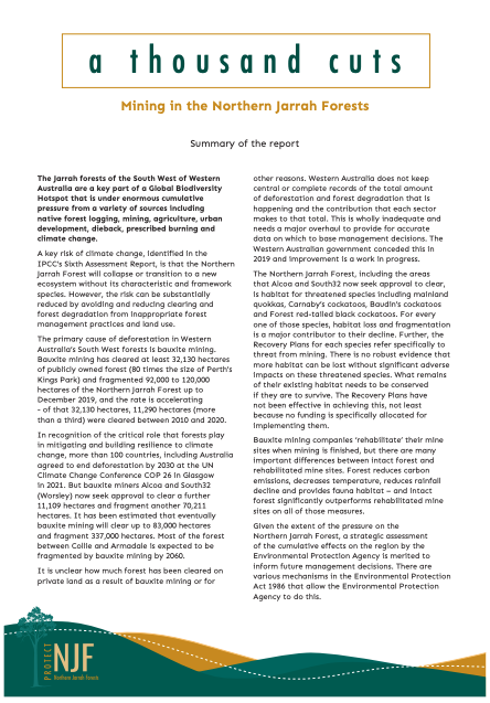 An image of a cleared bauxite mine site, overlayed with text reading "A thousand cuts", "Mining in the Northern Jarrah Forest". Along the bottom edge is a dark green strip with the WAFA logo, The Wilderness society logo, and the Conservation council WA logo, as well as NJF (standing for Northern Jarrah Forests)