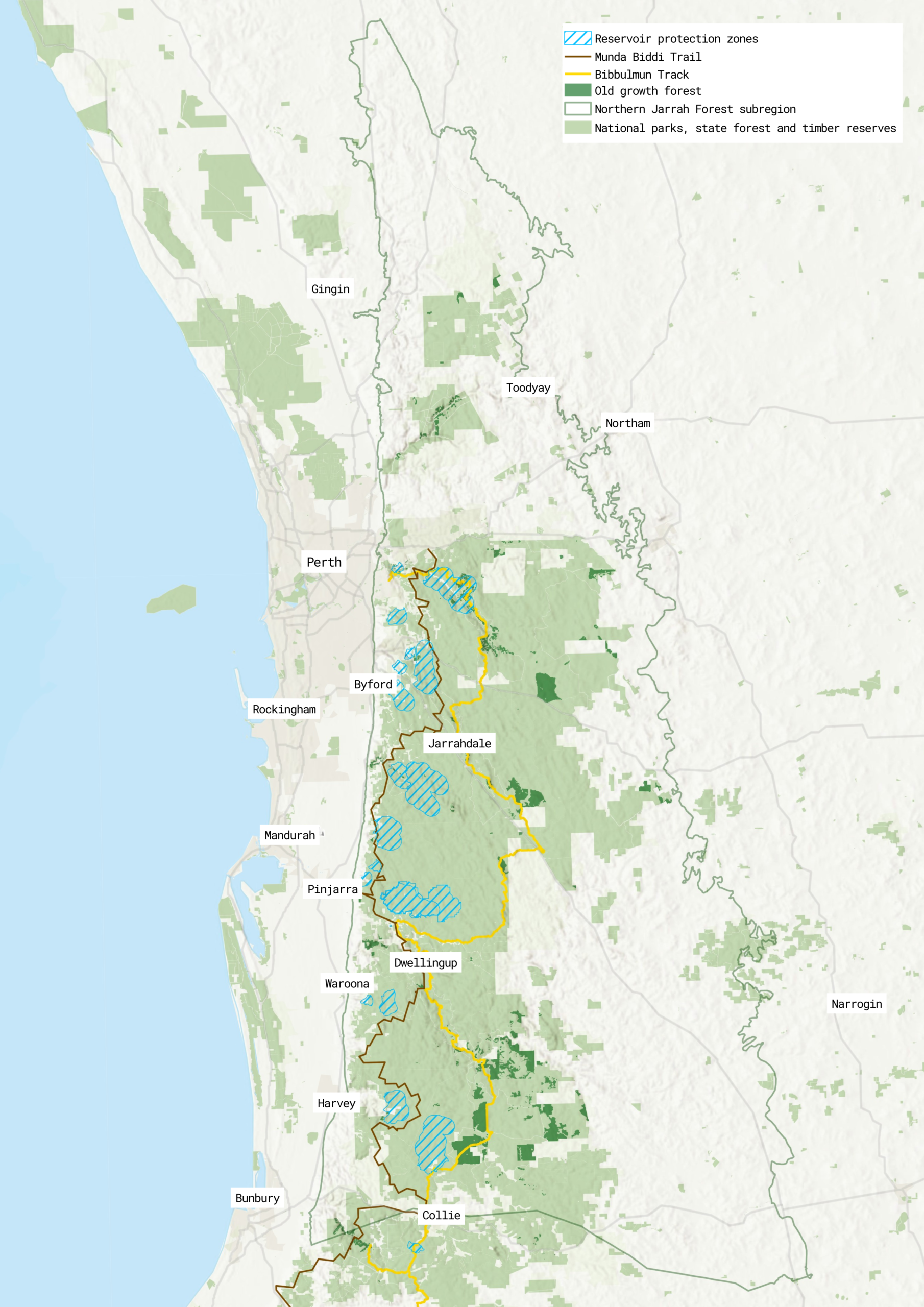 A map showing the area covered by the Northern Jarrah Forest