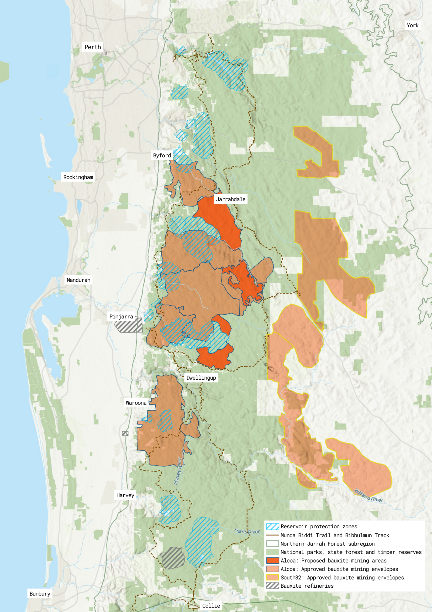 Map showing the extent of bauxite mining areas in the Northern Jarrah Forest. Map also shows locations of refineries, tracks and trails of the area, national parks, state forests, timber reserves and Reservoir Protection zones.
