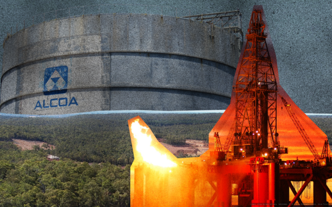 An image cut together of a Woodside gas plant, an Alcoa refinery and some jarrah forest with clearing