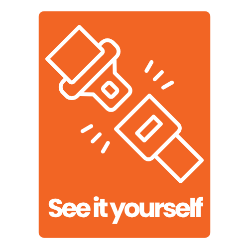 A line drawing of a seatbelt clicking in with text that reads 'See it yourself'