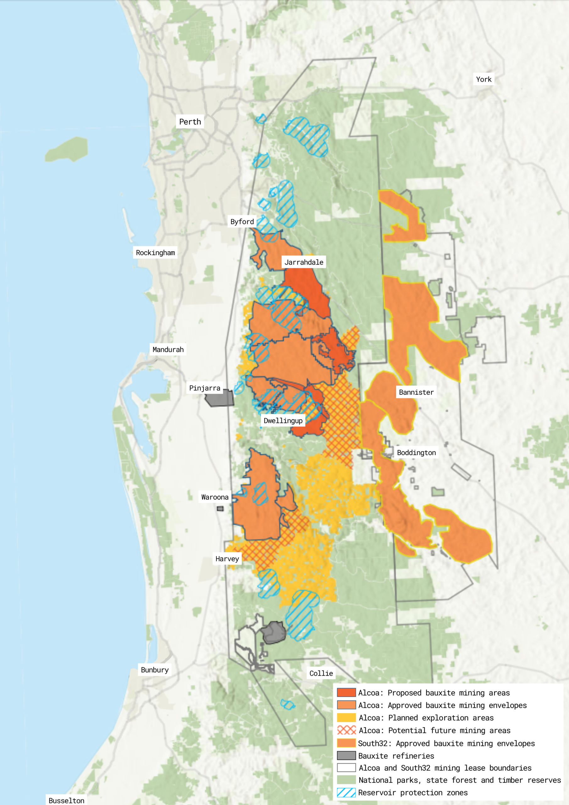 Map showing the extent of bauxite mining areas, exploration and future planned mining in the Northern Jarrah Forest. Map also shows locations of refineries, extent of Alcoa and South32's leases, national parks, state forests, timber reserves and Reservoir Protection zones.