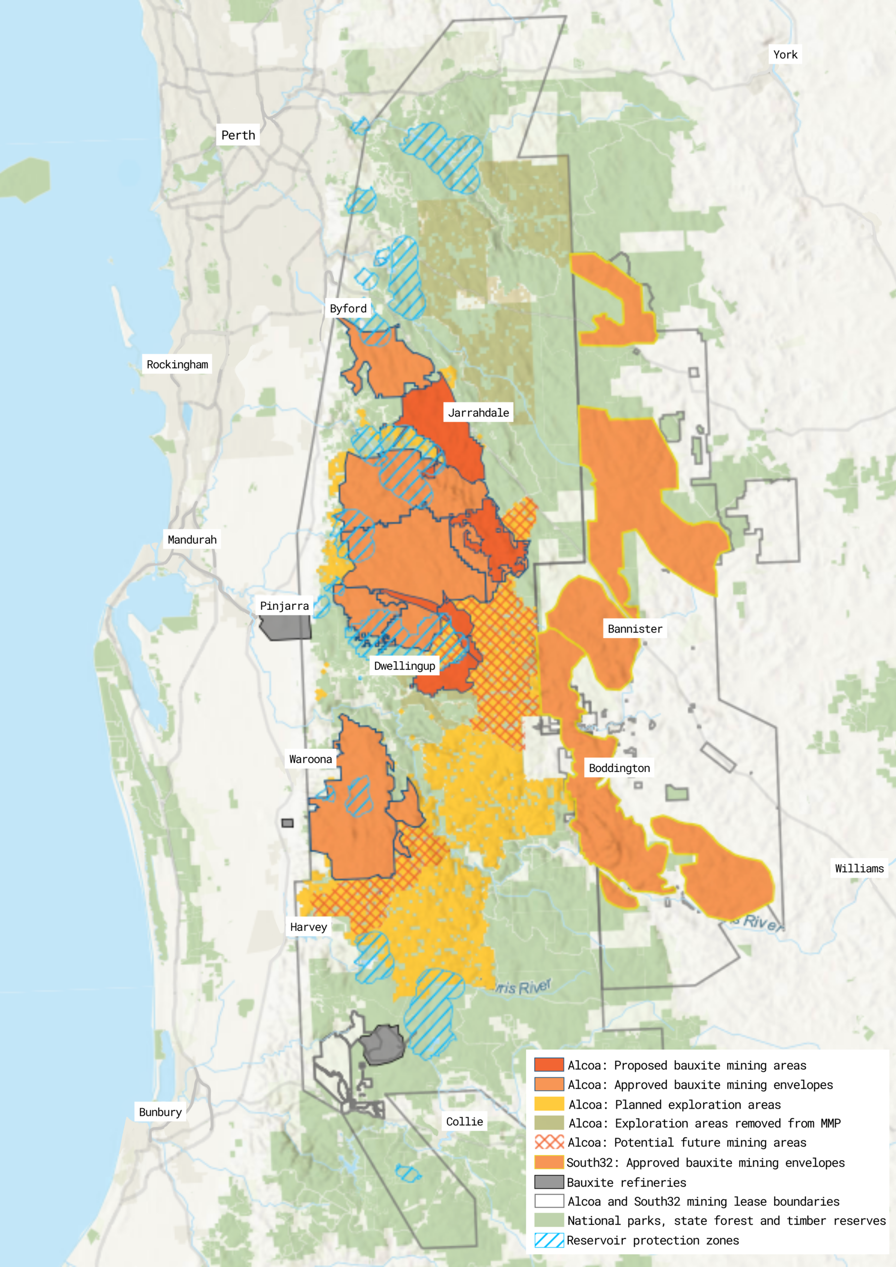 Map showing the extent of bauxite mining areas, exploration and future planned mining in the Northern Jarrah Forest. Map also shows Alcoa's shelved exploration plans, locations of refineries, extent of Alcoa and South32's leases, national parks, state forests, timber reserves and Reservoir Protection zones.
