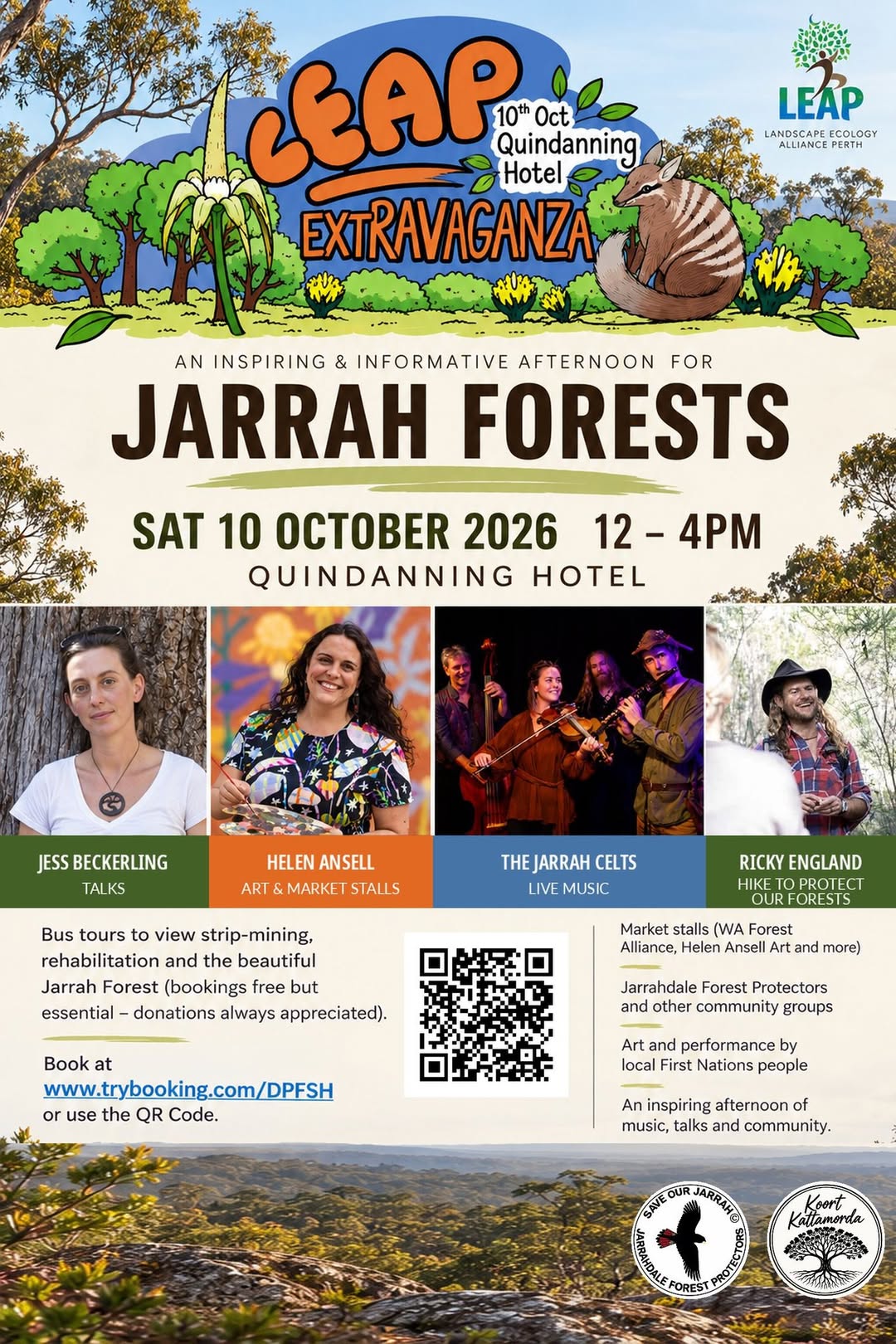 Poster advertising the leap extravaganza, on 10 october 2026 at quindanning hotel. An inspiring & informative afternoon for Jarrah forests. Talks from Jess Beckerling, Art and market stalls from Helen Ansell, live music from the Jarrah Celts and a special visit from Ricky England. Information about bus tours and how to book, at the Trybooking link.